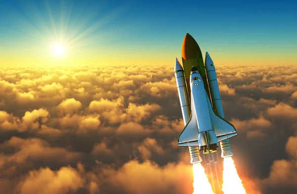 Flight Of The Space Shuttle Above The Clouds In The Rays Of The Rising Sun. — Stock Photo, Image