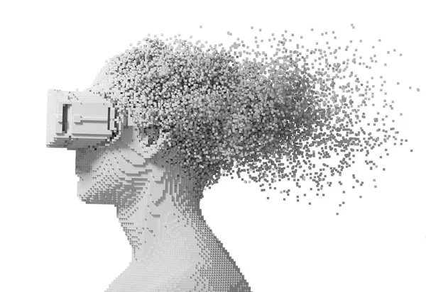 Homem digital vestindo óculos de realidade virtual se desintegra em pixels 3D isolados em fundo branco — Fotografia de Stock