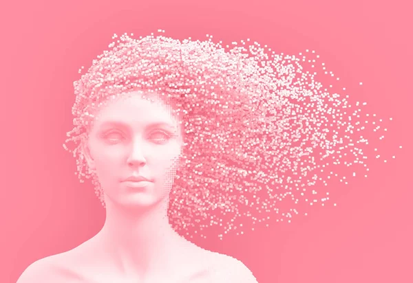Testa di giovane donna e 3D Pixel come capelli su sfondo rosa — Foto Stock