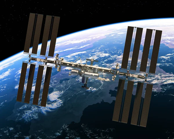Vuelo de la Estación Espacial Internacional en el fondo de la Tierra — Foto de Stock