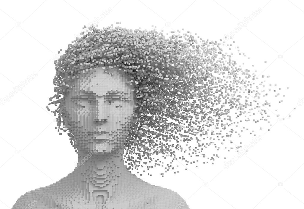 Pixelated Head Of Woman And 3D Pixels As Hair Isolated On White Background