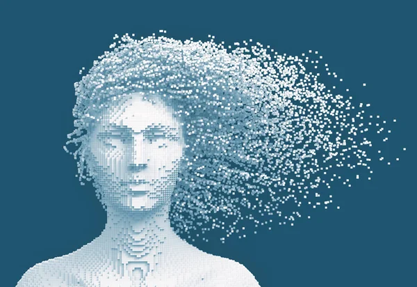 Bianco Pixelated testa di donna e 3D Pixel come capelli su sfondo blu — Foto Stock