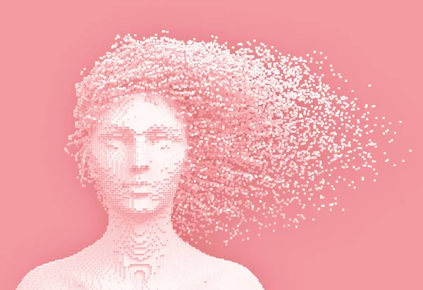 Cabeza pixelada rosa de la mujer y los píxeles 3D como pelo —  Fotos de Stock
