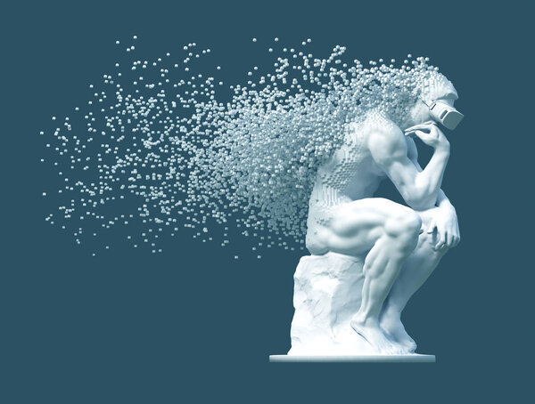 Скульптура Thinker со стеклами, декорированными 3D-пикселями на голубом фоне. 3D-моделирование
.