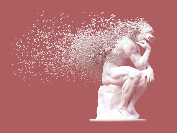 Скульптурный мыслитель со стеклами, декорированными 3D-пикселями на розовом фоне
