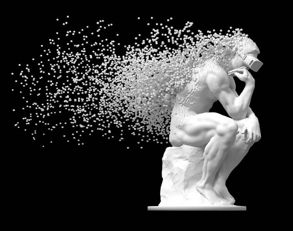 Sculpture Thinker with Glasses Desintegrated Into 3D Pixels on Black Background
