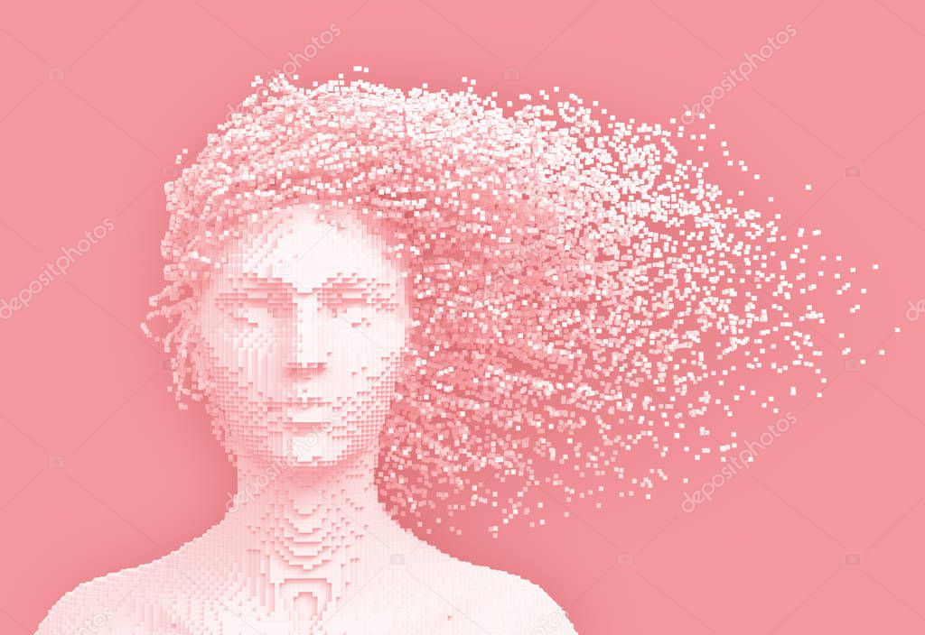 Pink Pixelated Head Of Woman And 3D Pixels As Hair