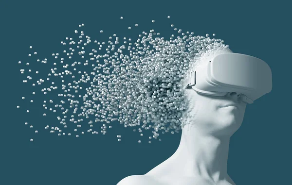 Man Wearing Virtual Reality Glasses Disintegrates On 3D Pixels