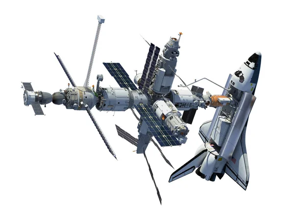 Διαστημικό λεωφορείο και διαστημικός σταθμός απομονωμένος σε λευκό φόντο — Φωτογραφία Αρχείου