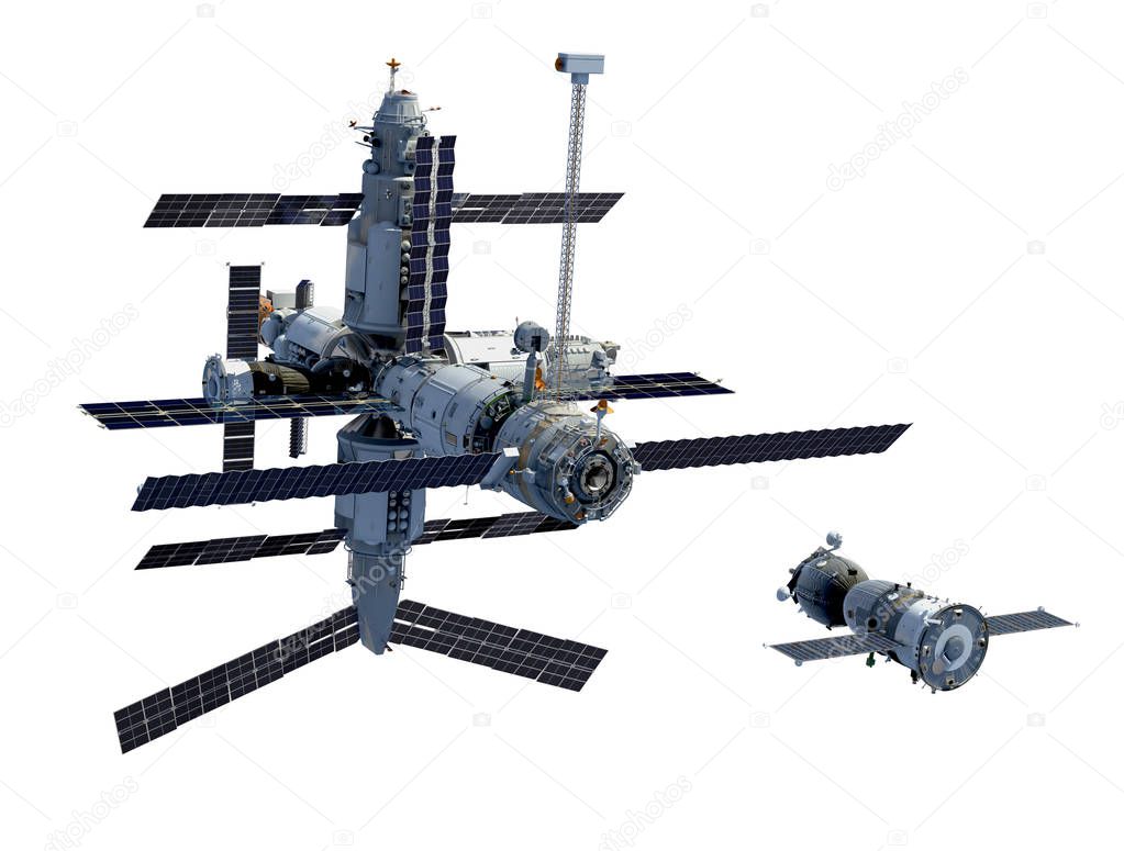 Space Station And Spacecraft Isolated On White Background