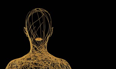 Silhouette Of Woman Consisting Of Tangled Golden Wires On Black Background clipart