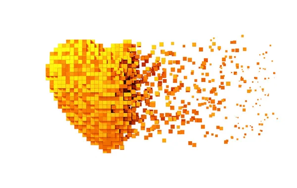 Desintegração do coração digital dourado isolado no fundo branco — Fotografia de Stock