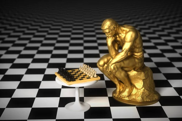 Arany szobor gondolkodó Töprelő a sakk játék — Stock Fotó