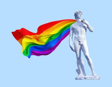 Mavi Arka Plan üzerinde Gökkuşağı Lgbt Bayrağı ile Heykel David