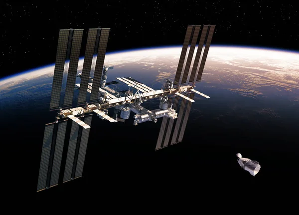 Kommerzielle Raumfahrzeuge und internationale Raumstation, die die Erde umkreisen — Stockfoto