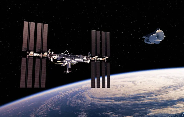 Kommersiella rymdfarkoster och internationella rymdstationer i rymden — Stockfoto