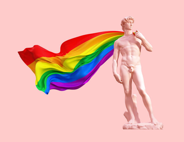 Скульптура "Дэвид с рейнбоу" на розовом фоне

