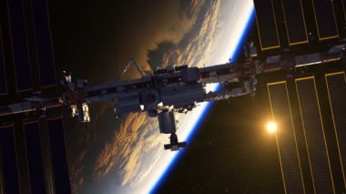 Dünya Ve Yükselen Güneş Arka Planda Uluslararası Uzay İstasyonu Uçuş. 3d Animasyon.