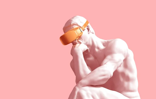 Скульптурный мыслитель с золотыми очками VR на розовом фоне — стоковое фото