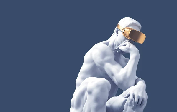 Skulptur Denker mit goldener Vr-Brille über blauem Hintergrund — Stockfoto