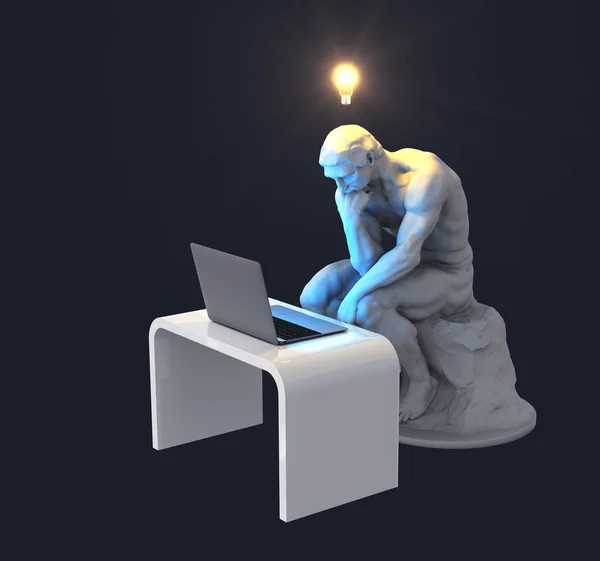 Gânditor de sculptură cu laptop și bec strălucitor deasupra capului său ca simbol al unei idei noi — Fotografie, imagine de stoc