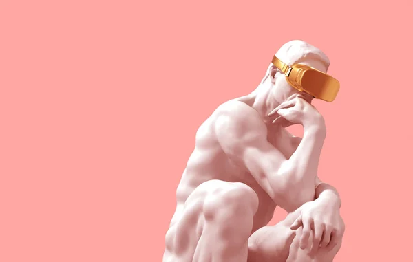 분홍색 배경을 통해 황금 VR 안경과 사상가 스톡 사진