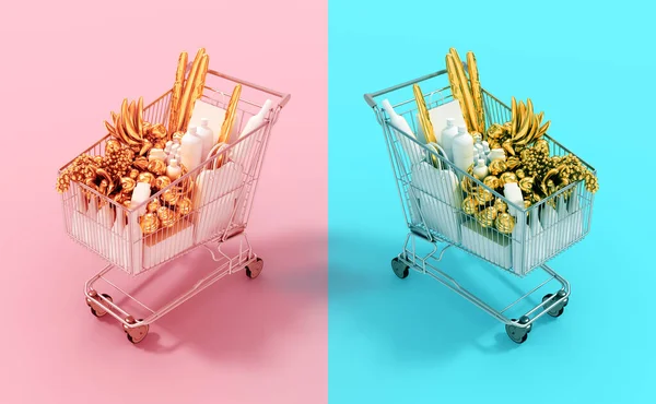 Shopping Carts With Gold Food End White Goods On Pink And Cyan Backgrounds — Stockfoto