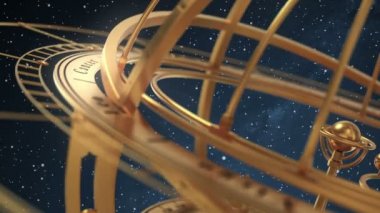 Armillary Sphere On Background Of Starburst. 3D Animation. Seamless Looped.