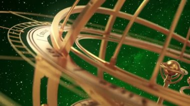 Yıldız patlamasının Yeşil Arkaplanındaki Armillary Sphere. 3D animasyon. Kusursuz Döngülü.