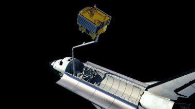 Space Shuttle Deploying Communication Satellite. Alpha Matte. 3D Animation.