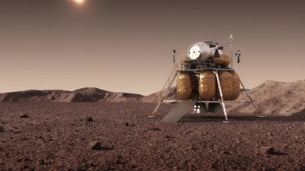 Nedstigningsmodul av den interplanetariska rymdstationen på ytan av planeten Mars och kinesisk flagga — Stockvideo