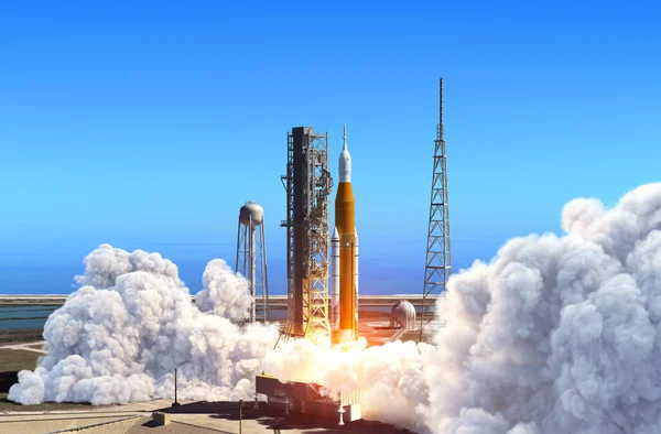 Grote zware raket ruimte lanceersysteem lancering van Launchpad op Cape Canaveral — Stockfoto