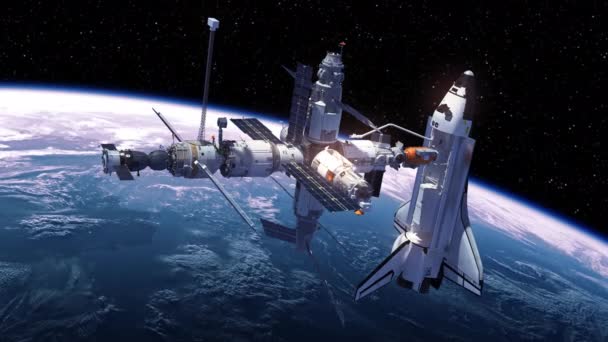 Διαστημικό λεωφορείο και διαστημικός σταθμός σε τροχιά γύρω από τη γη — Αρχείο Βίντεο