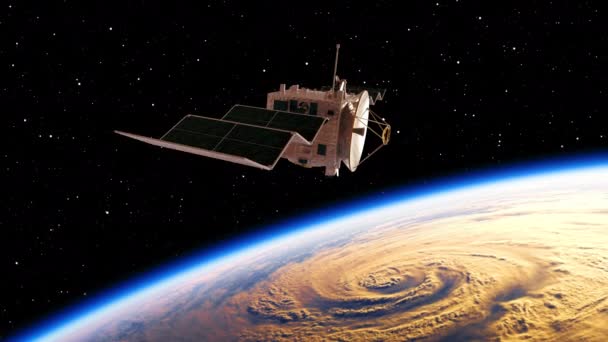 Satellite ouvre des panneaux solaires et la Terre est reflétée dans eux