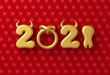 2021, kırmızı arka planda boğa boynuzu, toynak ve burun halkası numaralarıyla. Çin Yeni Yılı Öküz Konsepti.