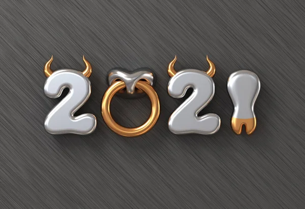 2021 With Numbers As Bull Horns, Hoof And Nose Ring On Metal Background. Concept Of Chinese New Year Of The Ox. — Stock Photo, Image