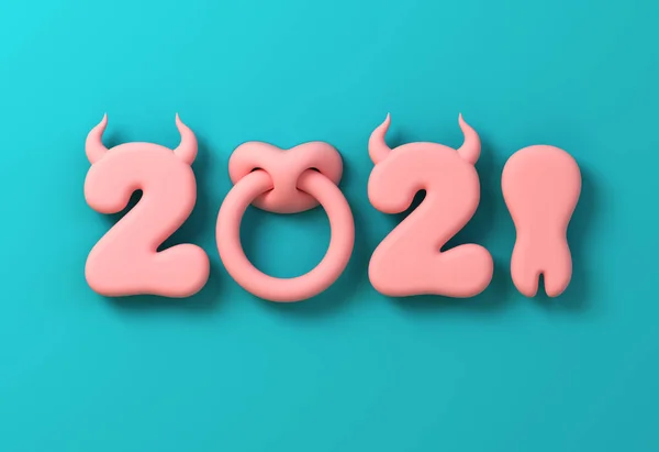 2021 With Numbers As Bull Horns, Hoof And Nose Ring On Blue Background. Concept Of Chinese New Year Of The Ox. — Stock Photo, Image