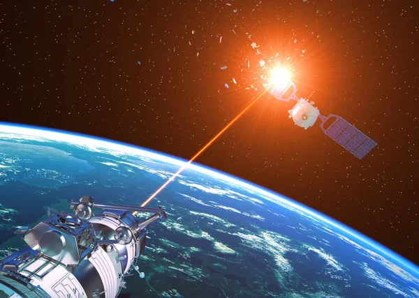 Laserová děla zneškodňují nepřátelský satelit ve vesmíru — Stock fotografie