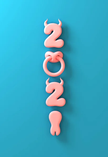 2018 Pink Numbers Bull Horns Hoof Nose Ring Blue Background — 스톡 사진