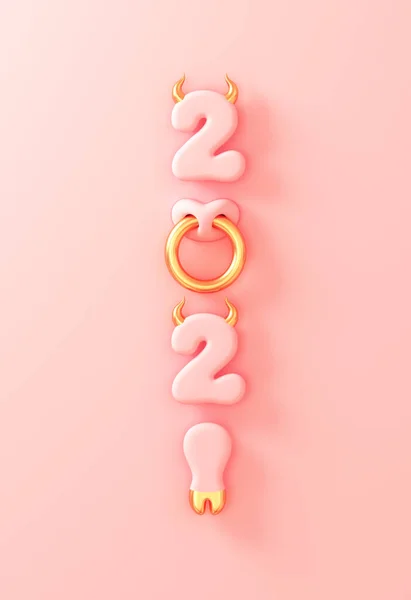 2018 Numbers Golden Bull Horns Hoof Nose Ring Pink Background — 스톡 사진