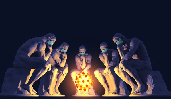 Five thinkers wearing medical masks sit in front of the coronavirus symbol and ponder a solution to the problem