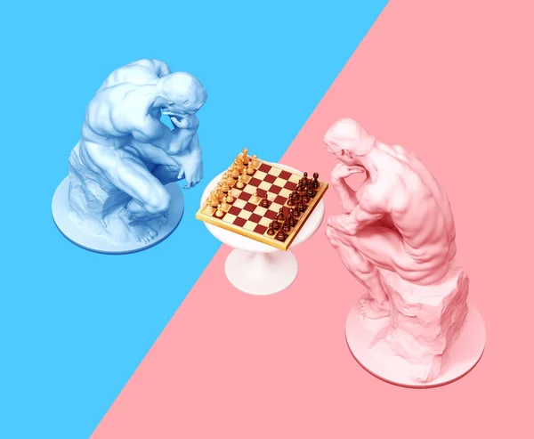 Два мыслителя размышляют о шахматной игре на синем и розовом фоне — стоковое фото