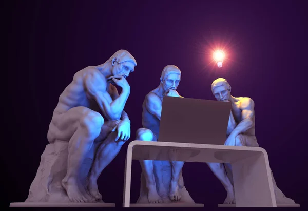 Tres pensadores con una computadora y uno de ellos tiene una bombilla brillante sobre su cabeza como símbolo de una nueva idea — Foto de Stock
