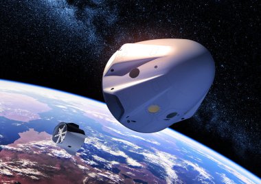 İniş modülünün Dünya 'nın arka planındaki özel bir uzay aracından ayrılması