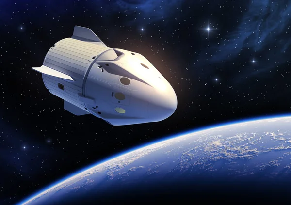 Nowy komercyjny statek kosmiczny orbitujący wokół niebieskiej planety Ziemia — Zdjęcie stockowe