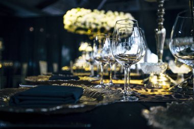 Lüks masa ayarları ile iyi yemek ve Züccaciye Mağazaları, güzel arka plan bulanık. Tatil Noel ve Hannukah için hazırlık akşam yemeği.