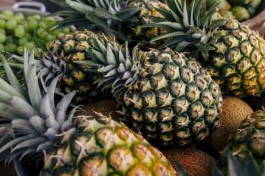 Portre üzerinde ahşap arka plan üzerinde taze ananas.