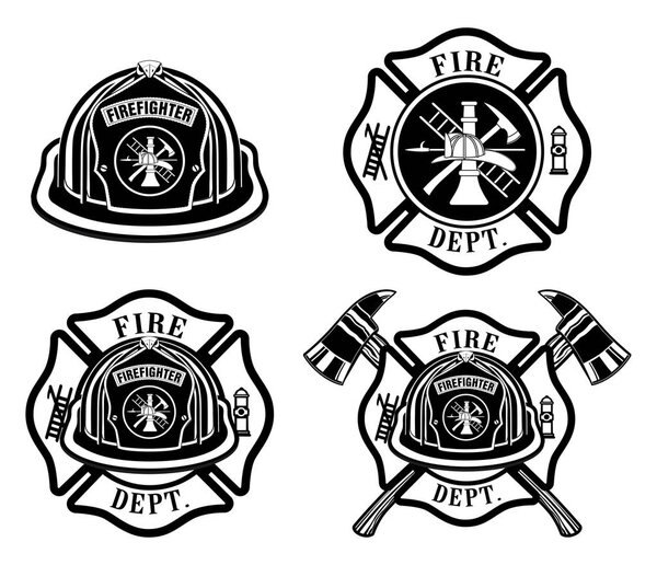 Fire Department Cross and Helmet Designs  is an illustration of four fireman or firefighter Maltese cross design which includes fireman's helmet with badges and firefighter's crossed axes. Great for t-shirts, flyers, and websites.
