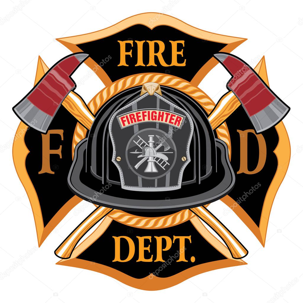 Fire Department Cross Vintage with Black Helmet and Axes is an illustration of a vintage fireman or firefighter Maltese cross emblem with a black volunteer firefighter helmet with badge and crossed axes. Great for t-shirts, flyers, and web sites.
