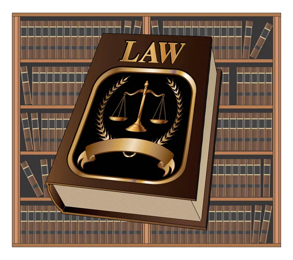 法律の本シールと図書館は図書館のように本棚の本の背景を持つテキストの弁護士 正義のシールと白紙の横断幕のスケールと裁判官による使用法の本のイラスト — ストックベクタ